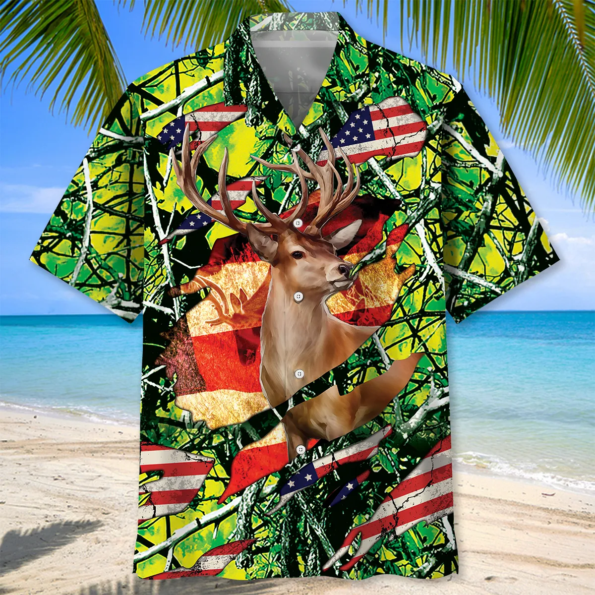 3D All Over Print Hunting USA Hawaiian Shirt, Shirt for Hunter , Flag Hawaiian Shirt