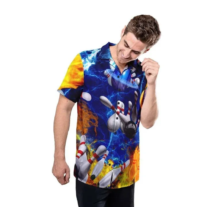 3D All Over Printed Fire Bowling Hawaiian Shirt, Love Bowling Hawaii Aloha Beach Shirts