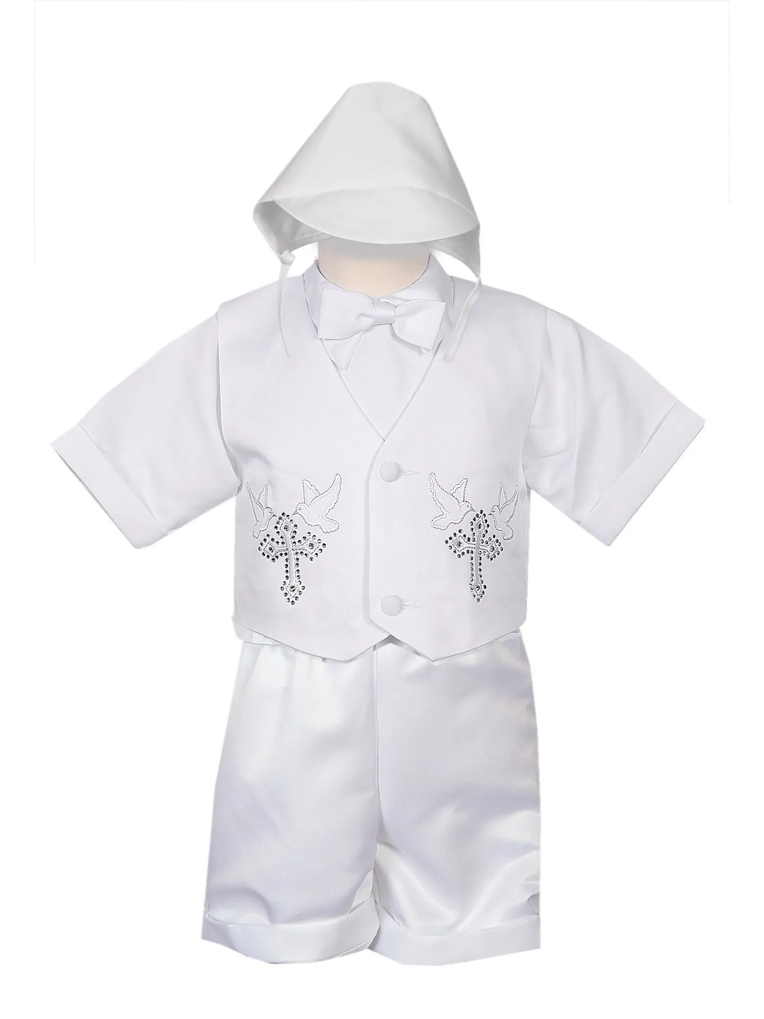 Baby Boys White 4 pc Rhinestone Cross Vest Hat Baptism Outfit 3-24M