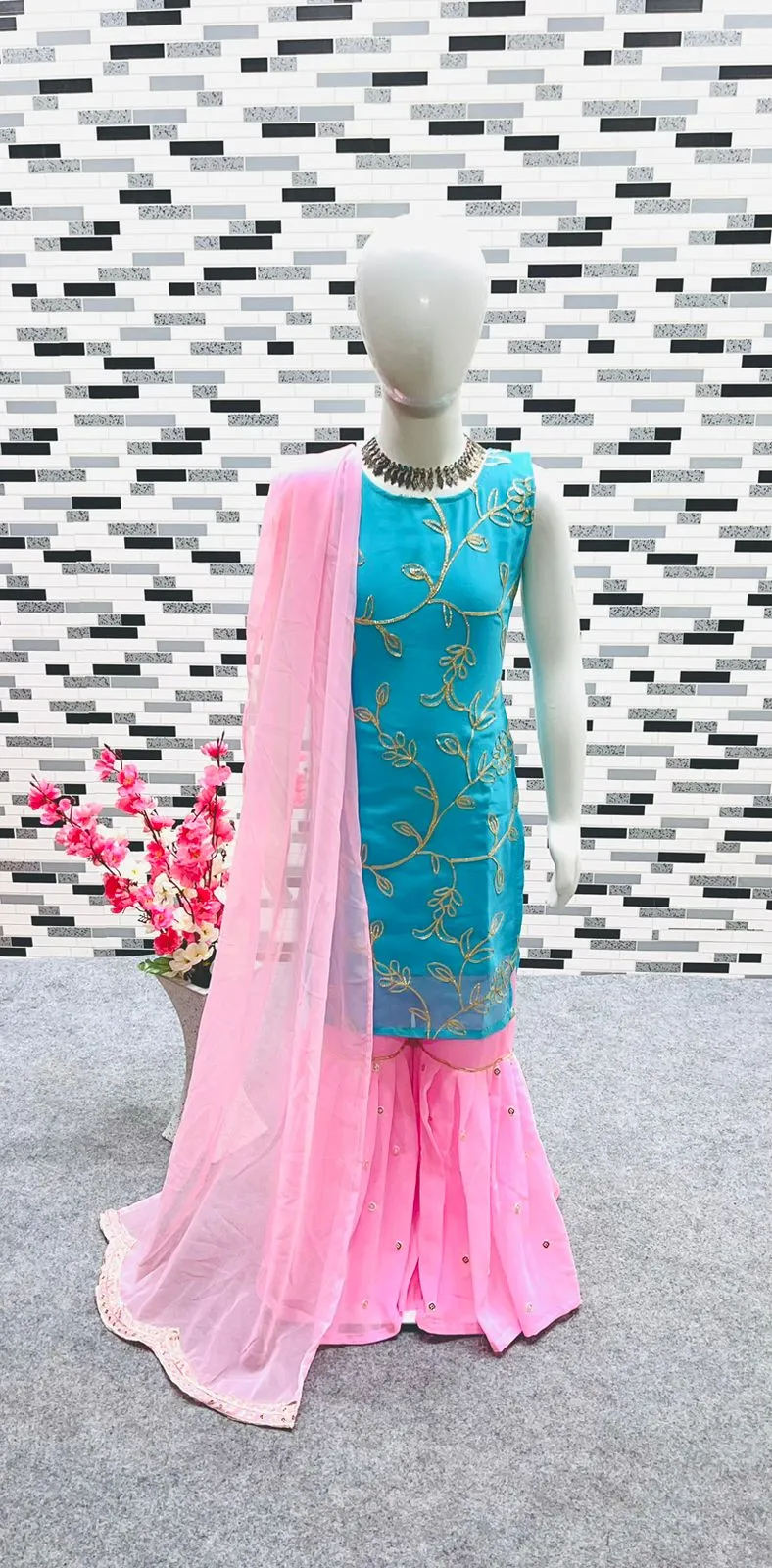 Beautiful Kid Girl Designer Party wear Kurti Sharara with Dupatta Suit