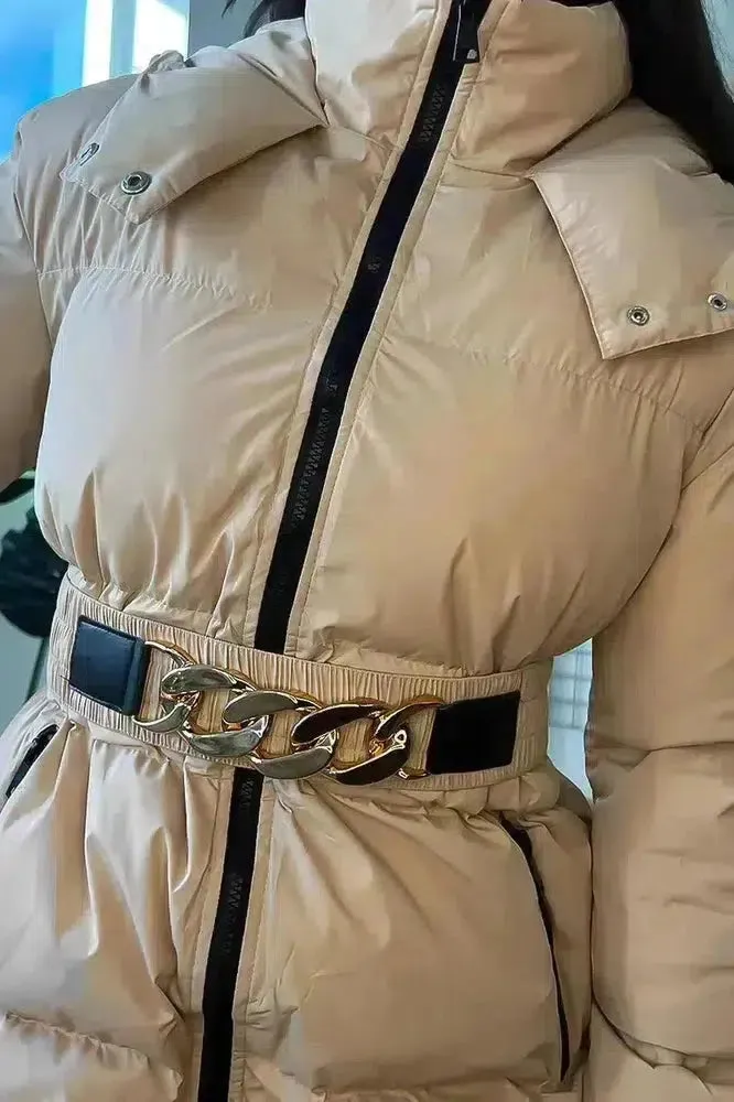 Beige Chain Detail Elastic Belt Puffer Jacket