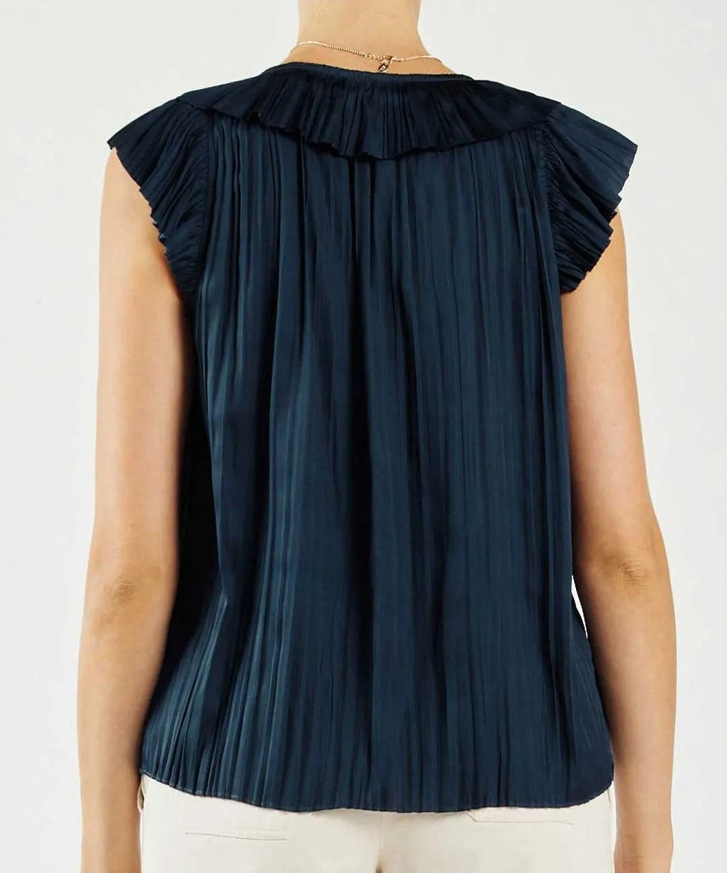 Button Front Pleated Blouse - Navy