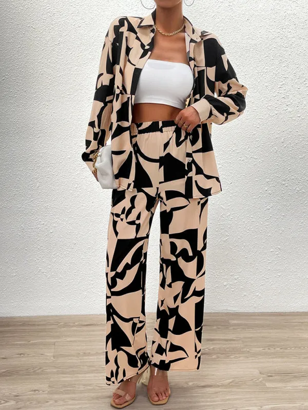 Casual printed suit long-sleeved tops and trousers two pieces set