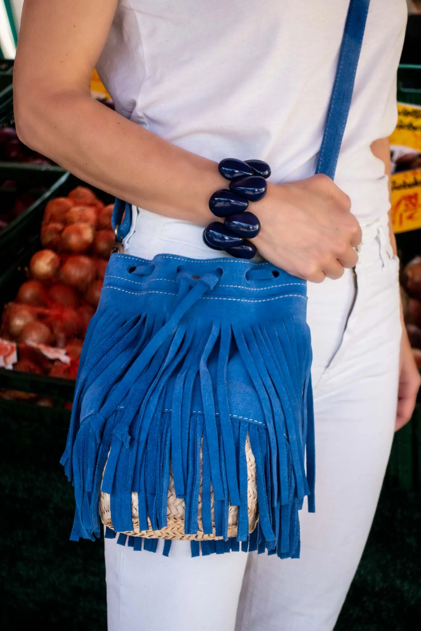 Delia Suede Leather Fringe Bucket Bag in Light Blue