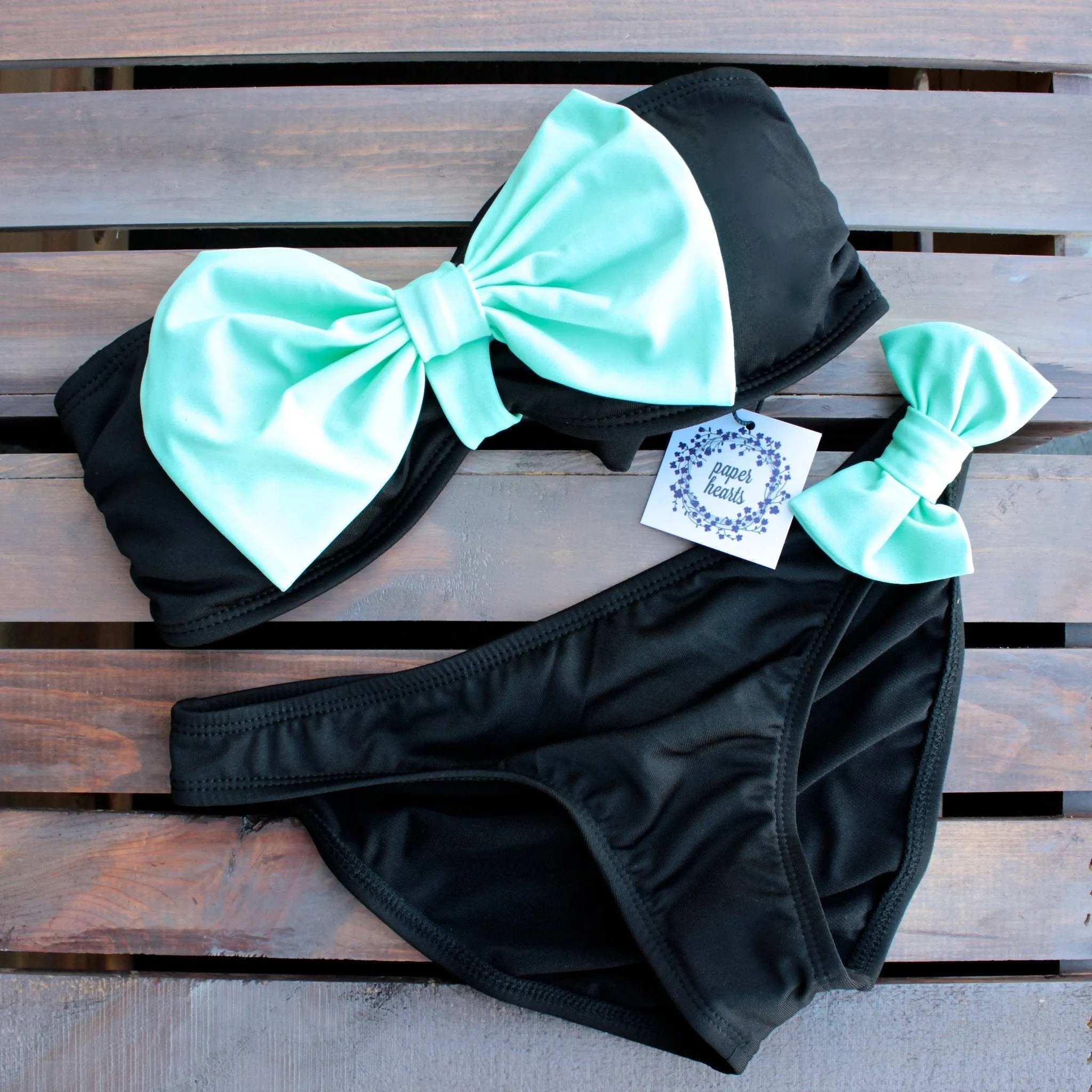 Final Sale - Dippin Daisy - Black & Mint Bow Bikini Set