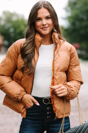 Give It Your All Camel Brown Faux Leather Puffer Jacket