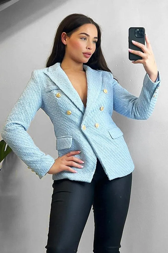 Gold Military Buttons Boucle Double Breasted Blazer