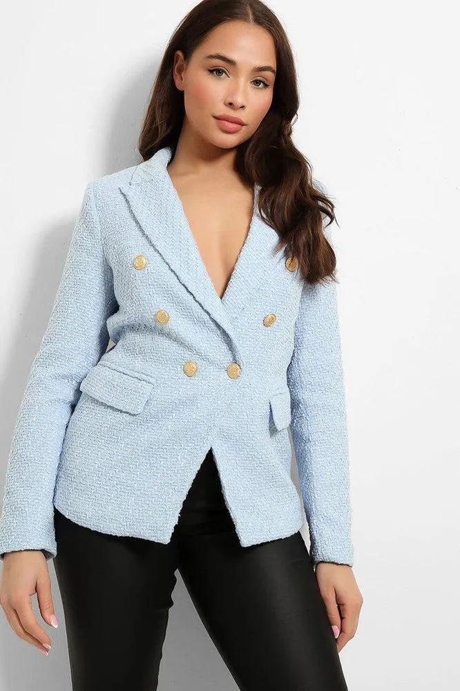 Gold Military Buttons Boucle Double Breasted Blazer