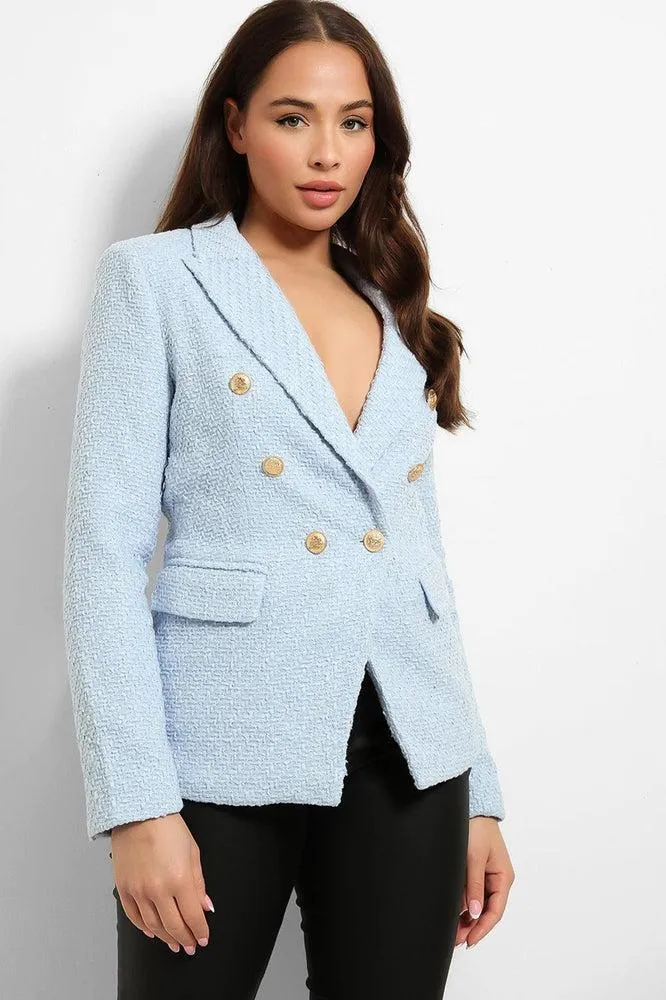 Gold Military Buttons Boucle Double Breasted Blazer