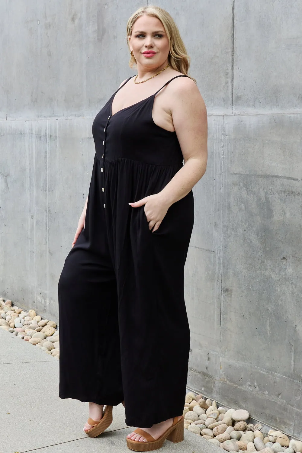 HEYSON All Day Full Size Wide Leg Button Down Jumpsuit in Black