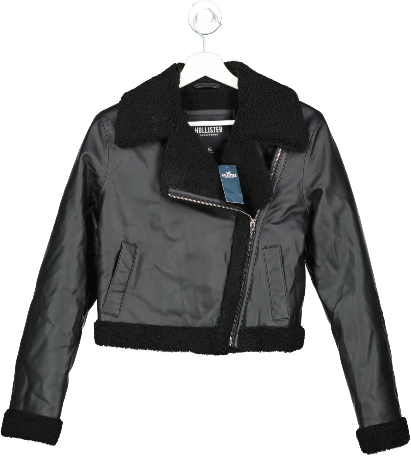 Hollister Black Crop Sherpa-lined Faux Leather Biker Jacket BNWT  UK XS