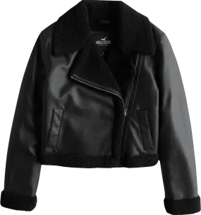 Hollister Black Crop Sherpa-lined Faux Leather Biker Jacket BNWT  UK XS