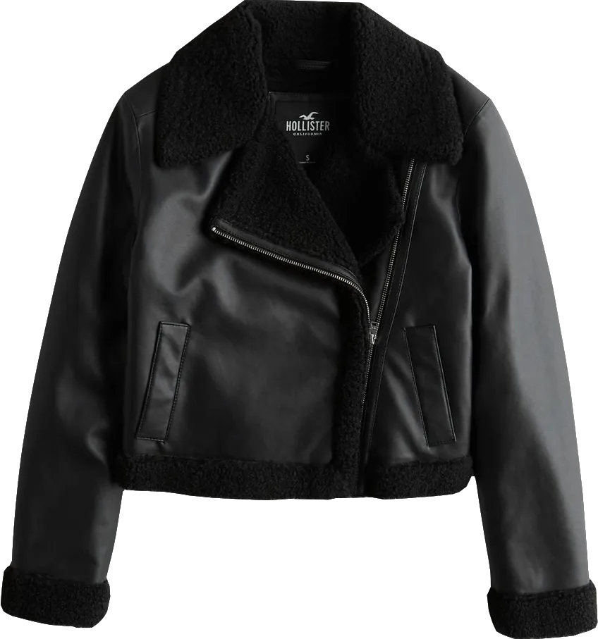 Hollister Black Crop Sherpa-lined Faux Leather Biker Jacket BNWT  UK XS