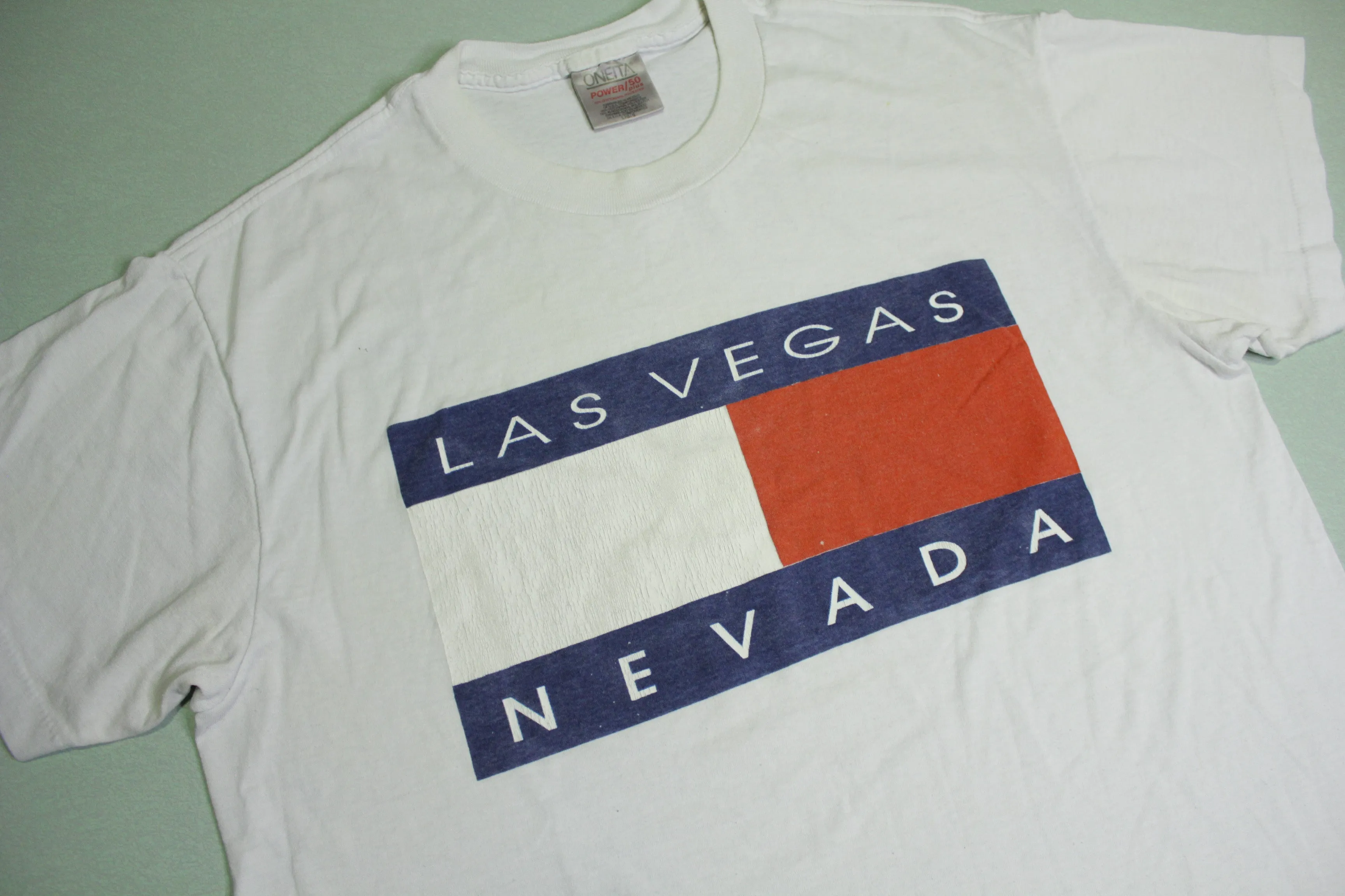 Las Vegas/Tommy Hilfiger Vintage 90's Made in USA Big Flag Spellout T-Shirt