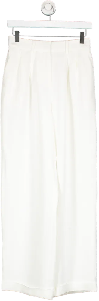 Lily Silk White Timeless Pleated Dense Silk Wide Leg Trousers UK 8