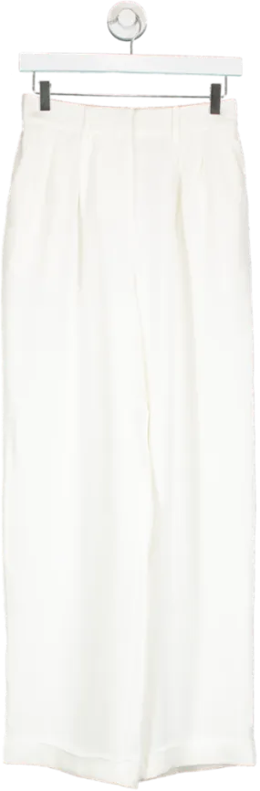 Lily Silk White Timeless Pleated Dense Silk Wide Leg Trousers UK 8