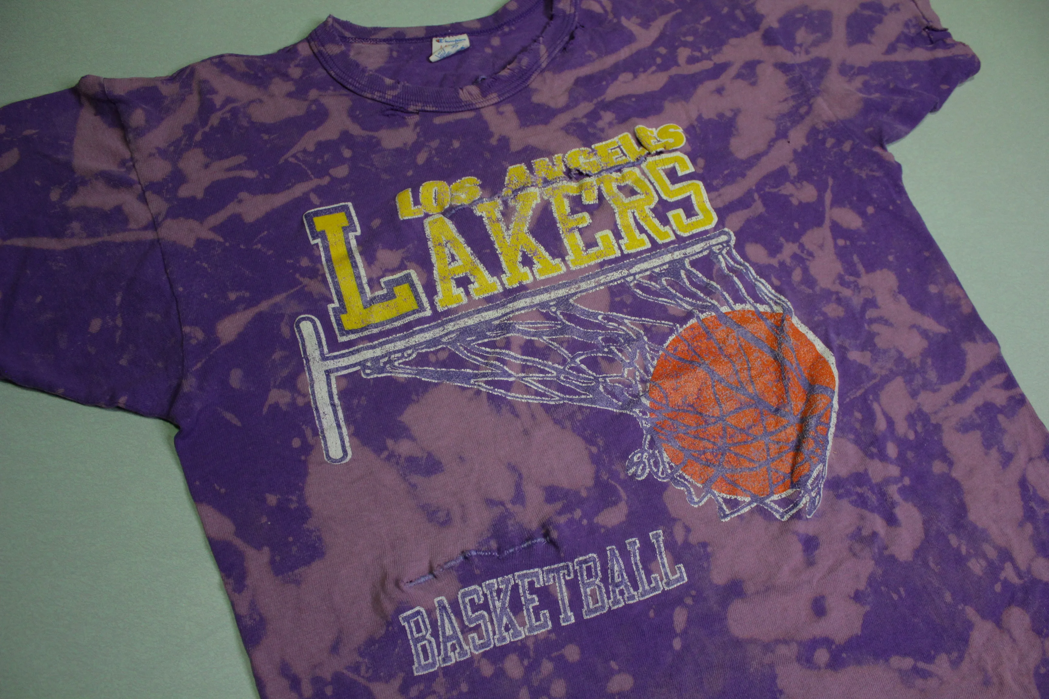 Los Angeles LA Lakers Champion Net 80's Vintage Distressed Tie Dye Bleached T-Shirt