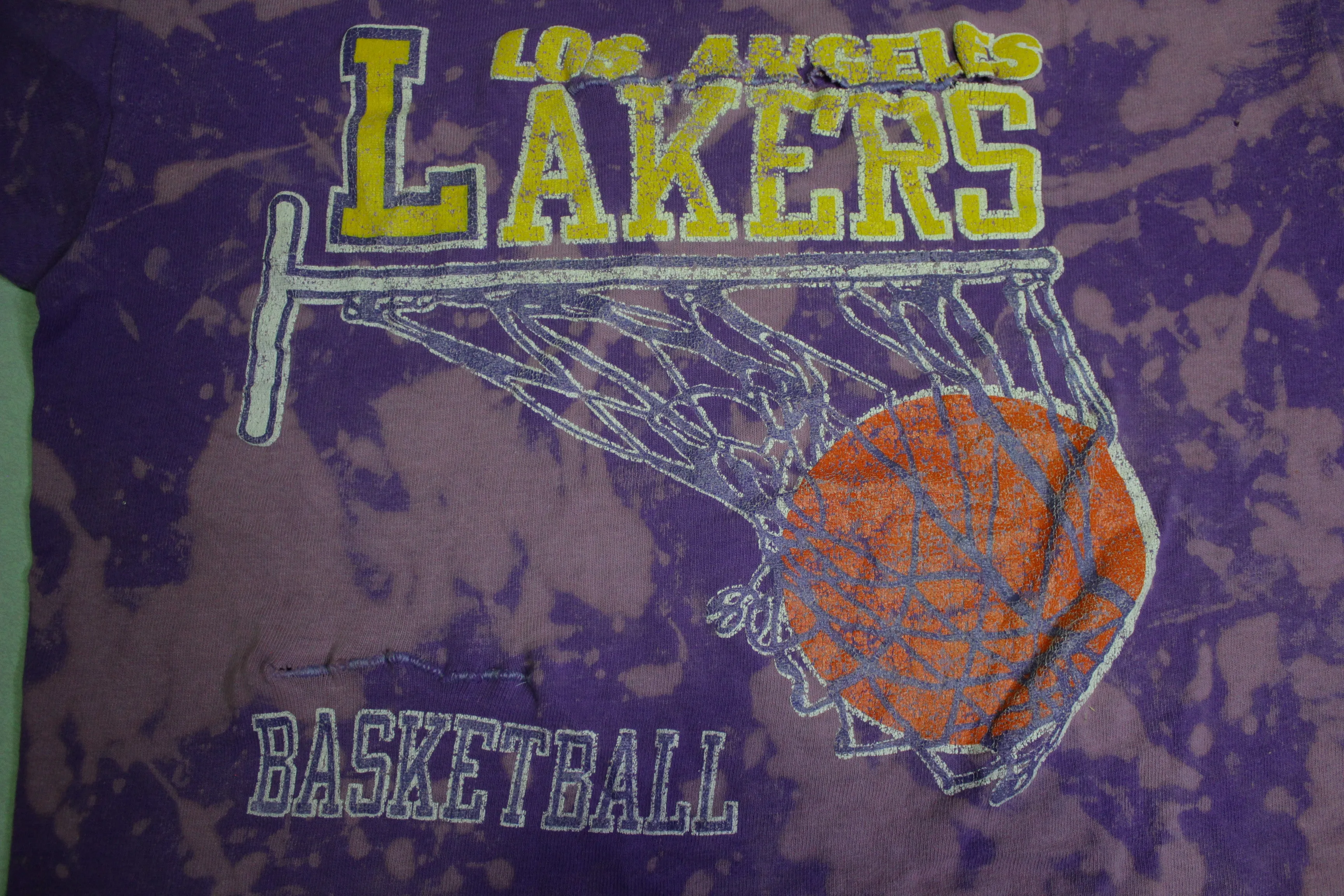 Los Angeles LA Lakers Champion Net 80's Vintage Distressed Tie Dye Bleached T-Shirt