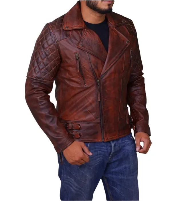 Men’s Classic Diamond Biker Vintage Genuine Leather Jacket