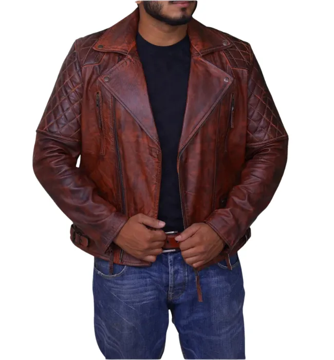 Men’s Classic Diamond Biker Vintage Genuine Leather Jacket