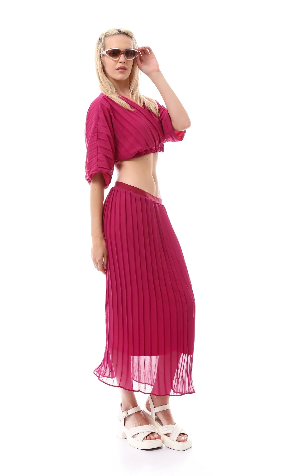 O166416 Elastic Waist Dark Fuchsia Plisse Skirt