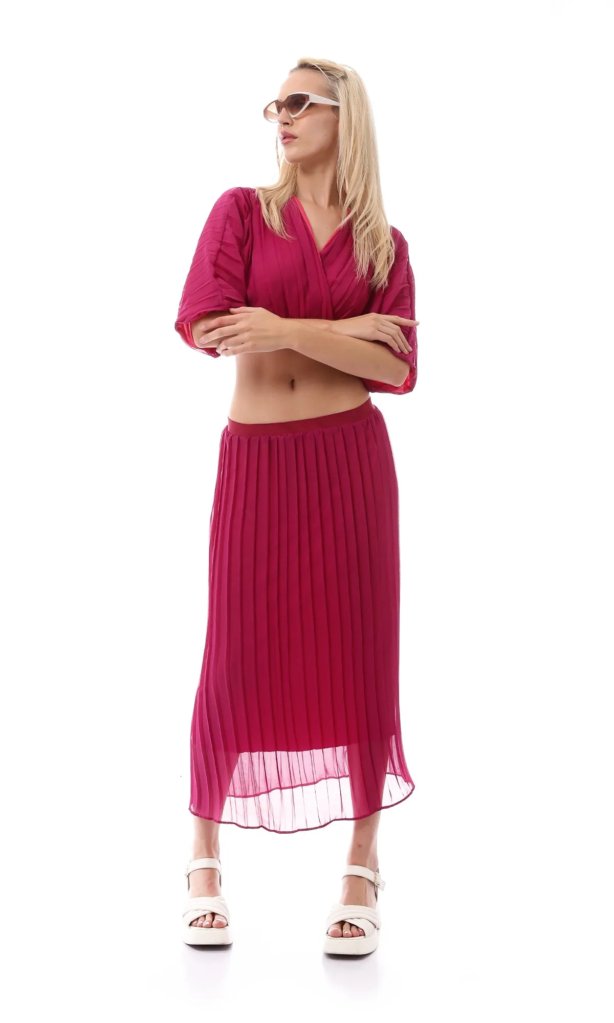 O166416 Elastic Waist Dark Fuchsia Plisse Skirt