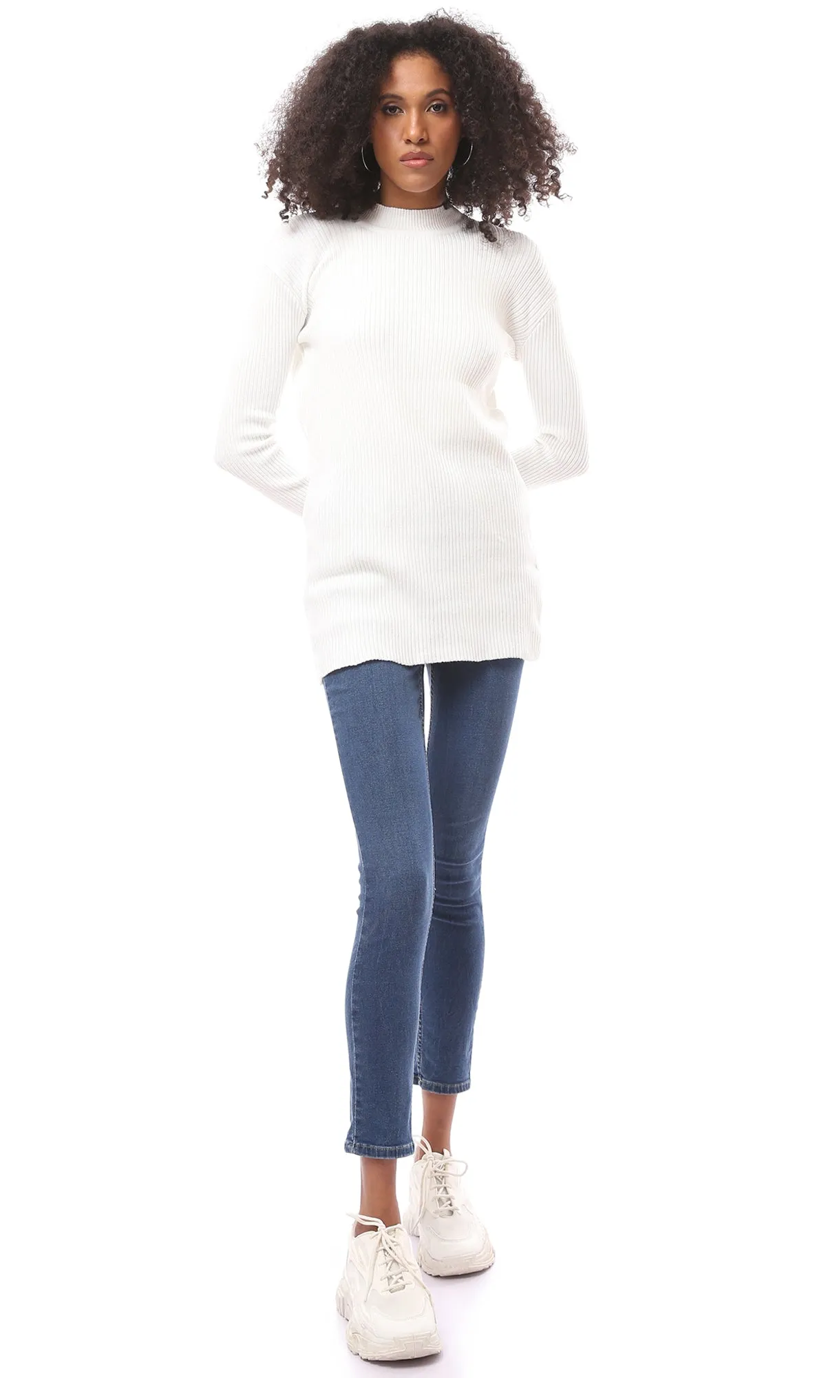 O172559 Regular Fit White Long Ribbed Pullover