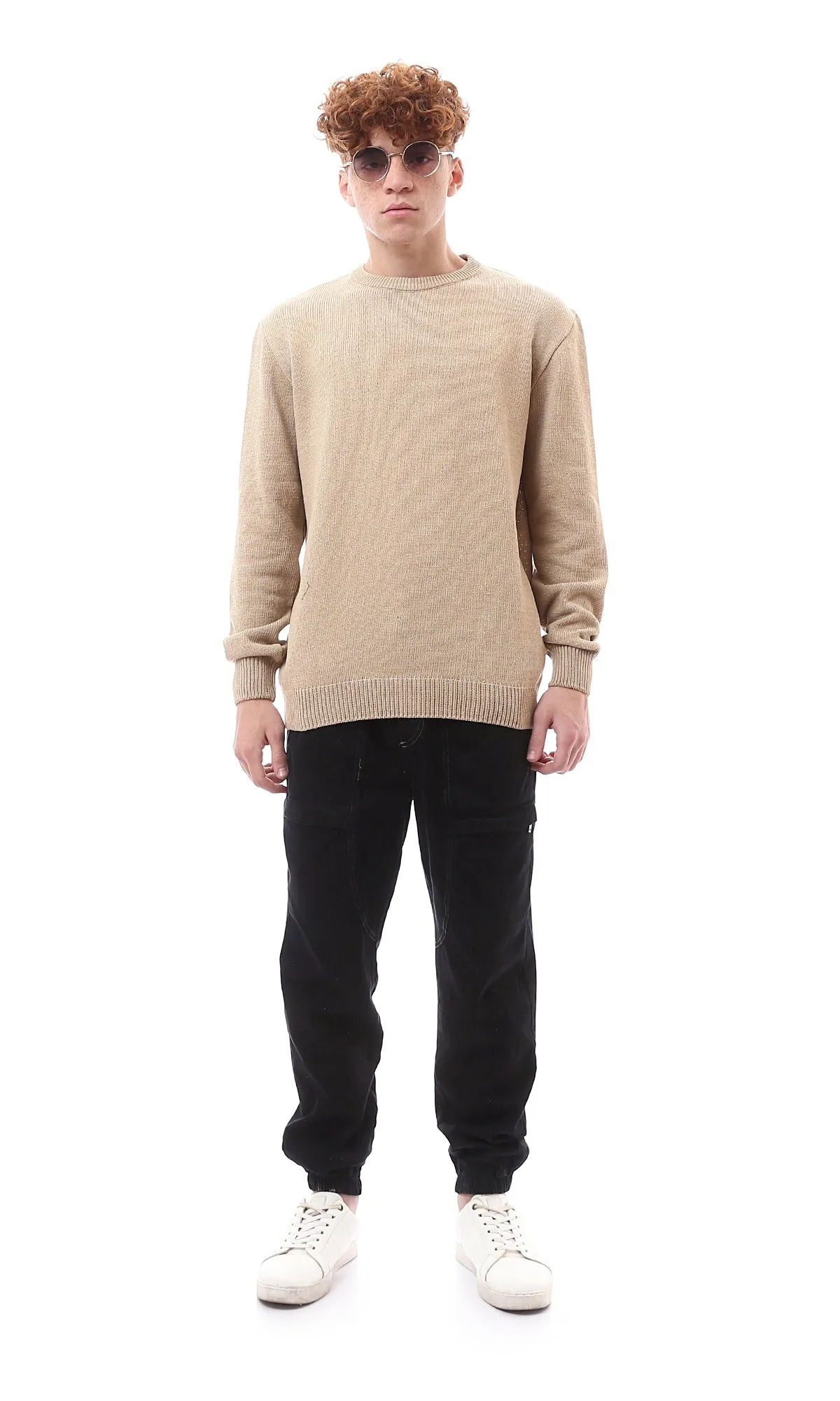 O174205 Ribbed Crew Neck & Hem Dark Beige Pullover