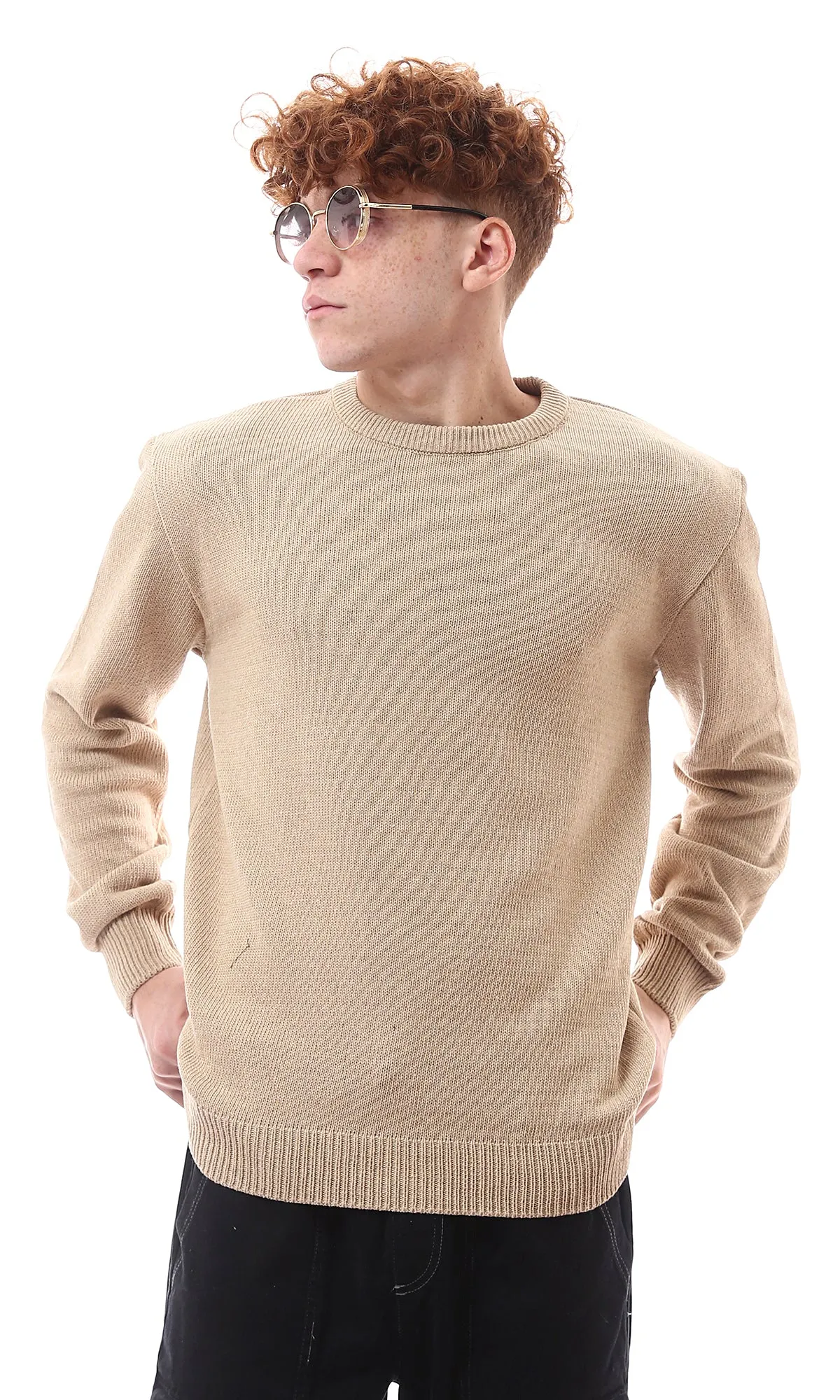 O174205 Ribbed Crew Neck & Hem Dark Beige Pullover