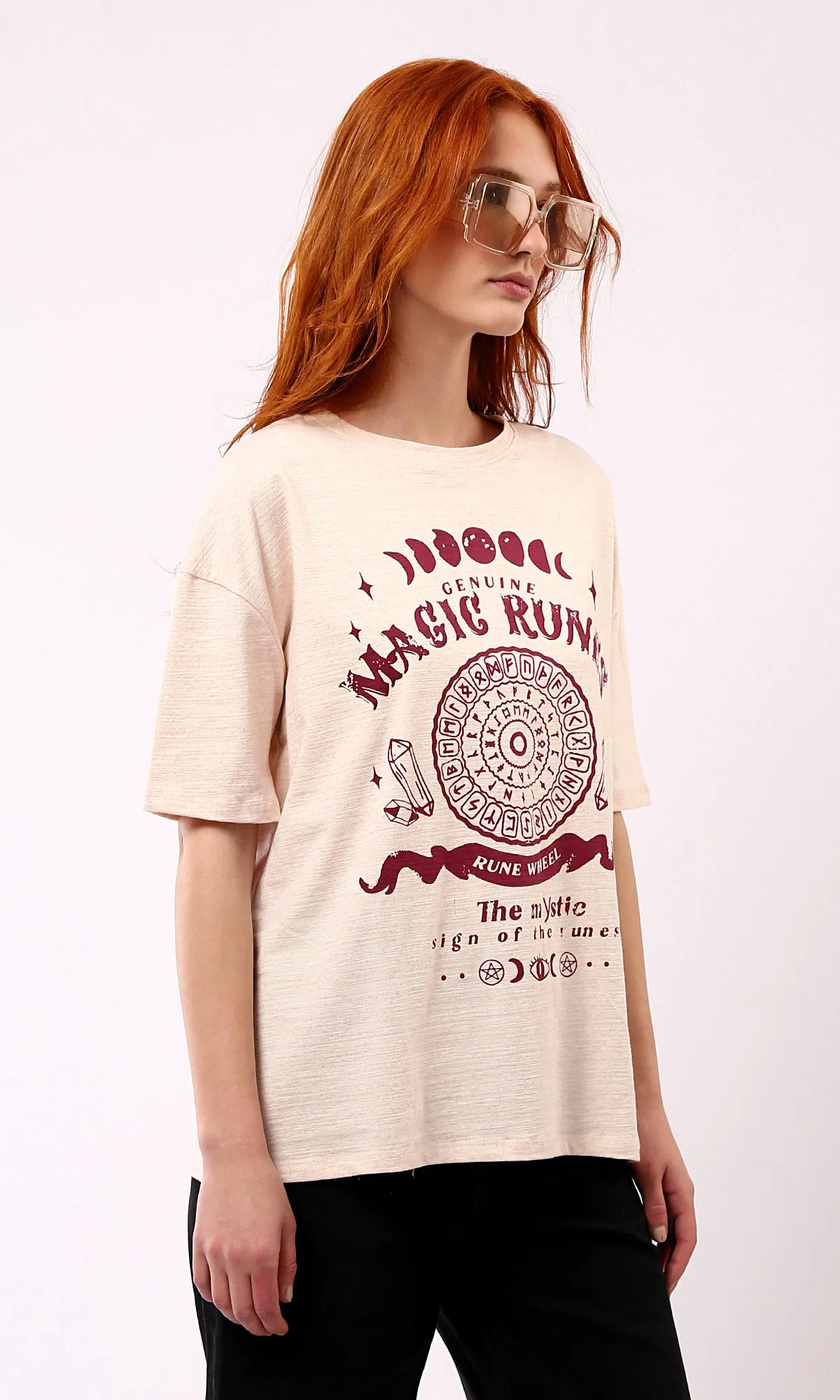 O181682 Slip On Printed Heather Beige Cotton Tee