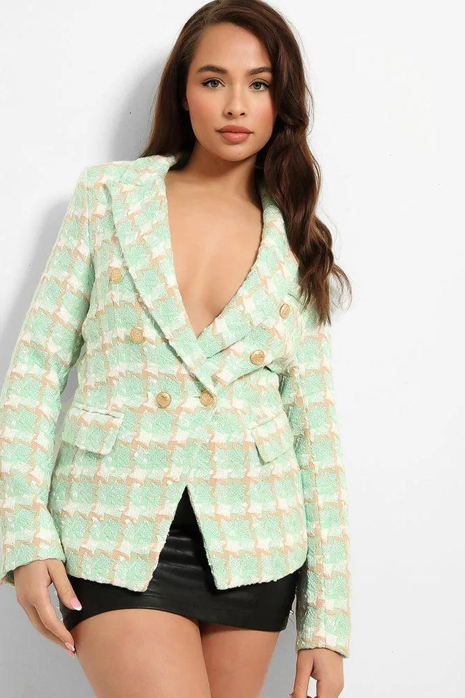 Plaid Boucle Military Buttons Blazer