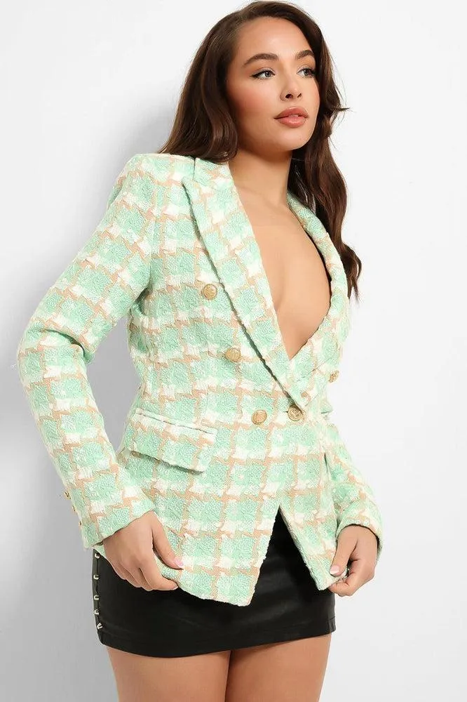 Plaid Boucle Military Buttons Blazer