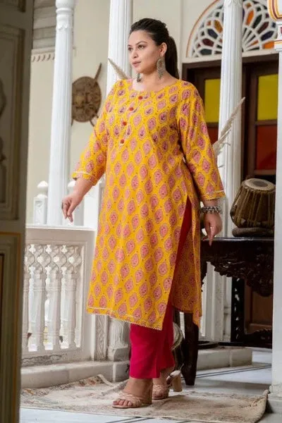 Plus size Mustard Pink Cotton Readymade Kurti