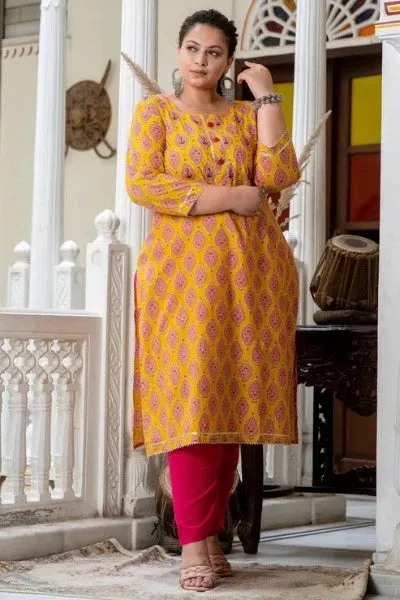 Plus size Mustard Pink Cotton Readymade Kurti