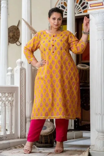 Plus size Mustard Pink Cotton Readymade Kurti