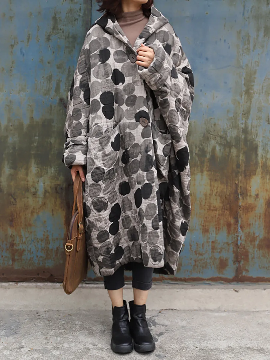 Retro Ink Dot Loose Hooded Overcoat