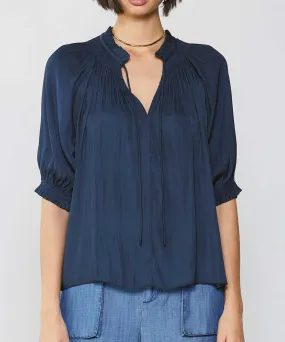 Short Sleeve Tie Front Top - Dark Navy