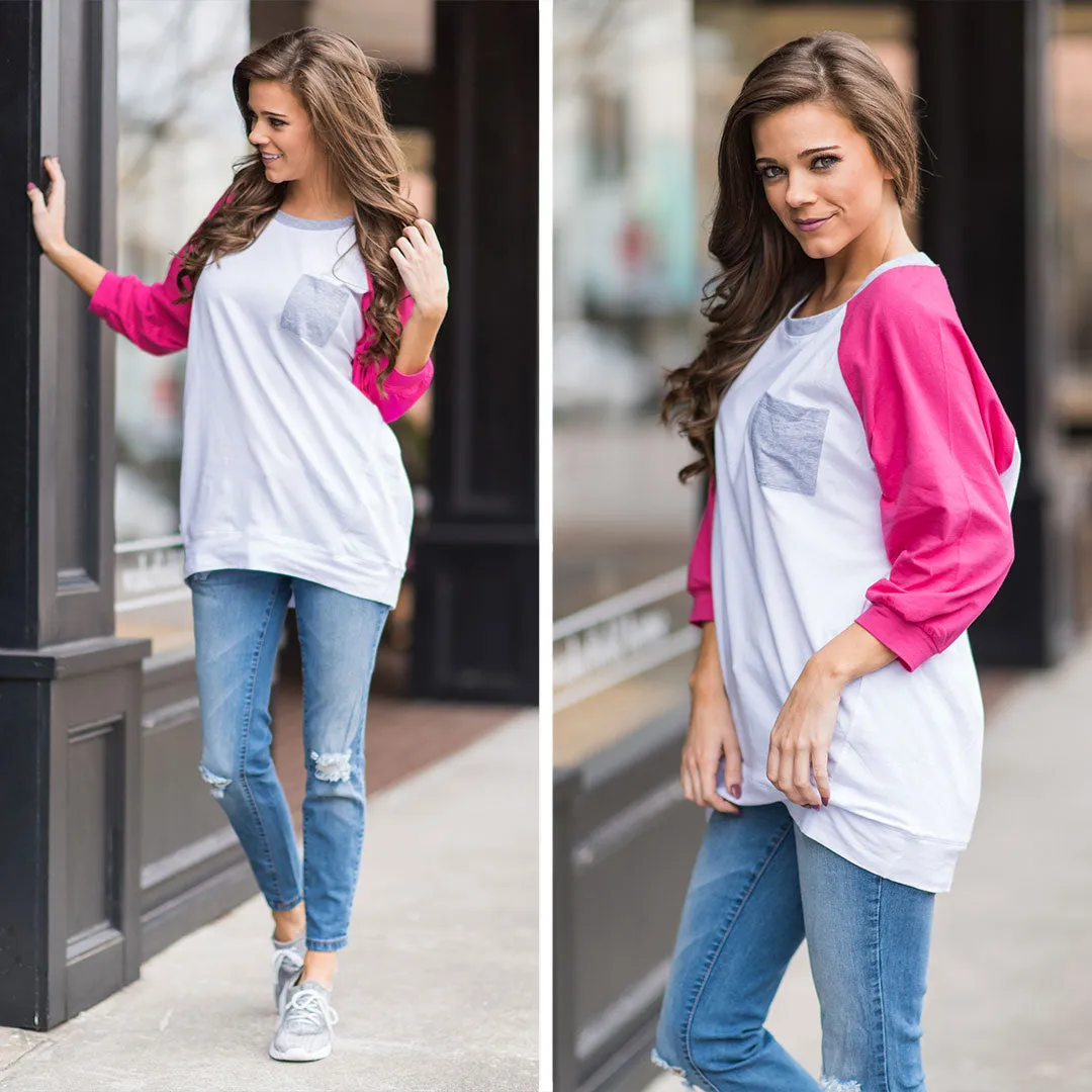 Slouchy Dolman Fuchsia Pink Raglan Tunic w/Pocket