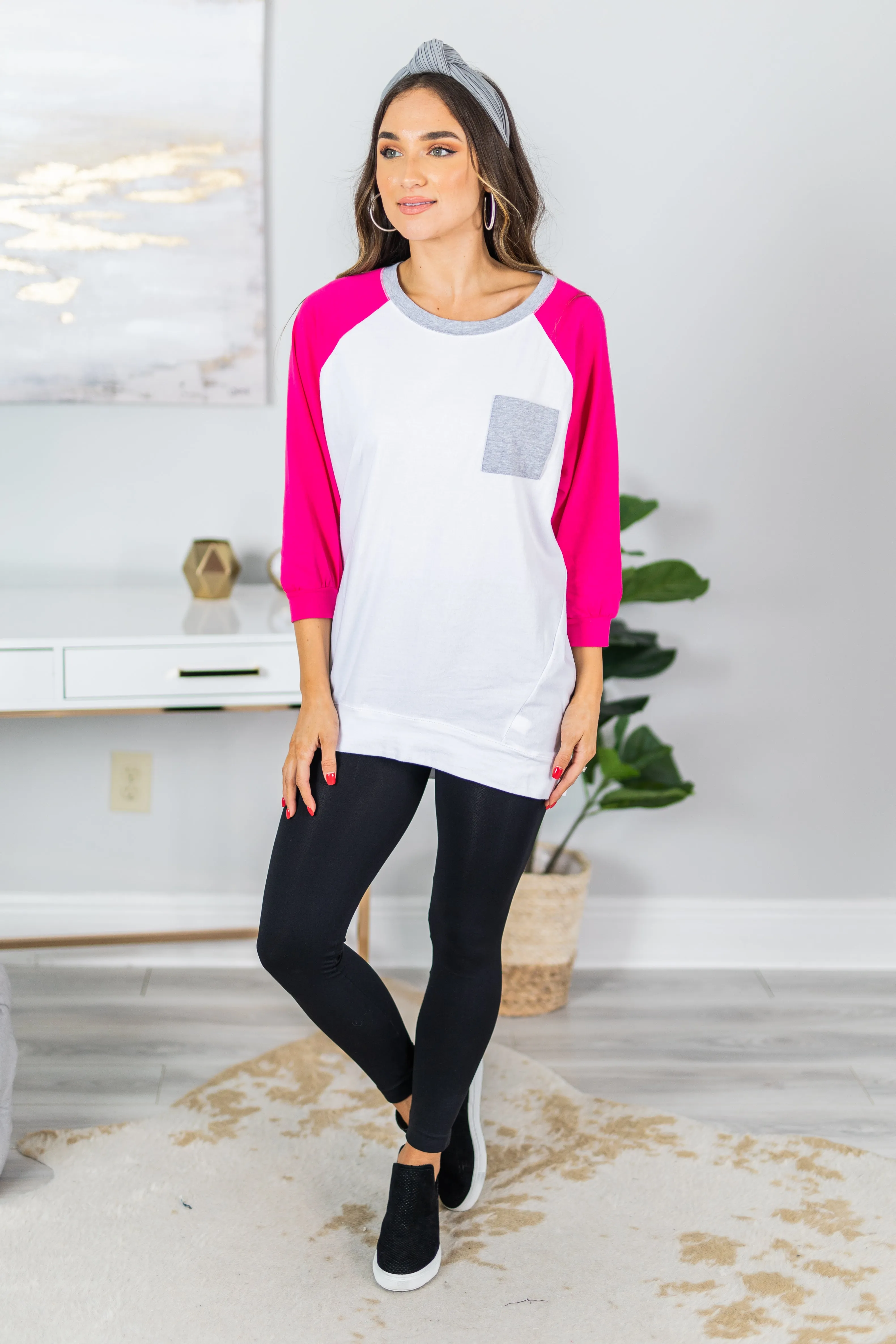 Slouchy Dolman Fuchsia Pink Raglan Tunic w/Pocket