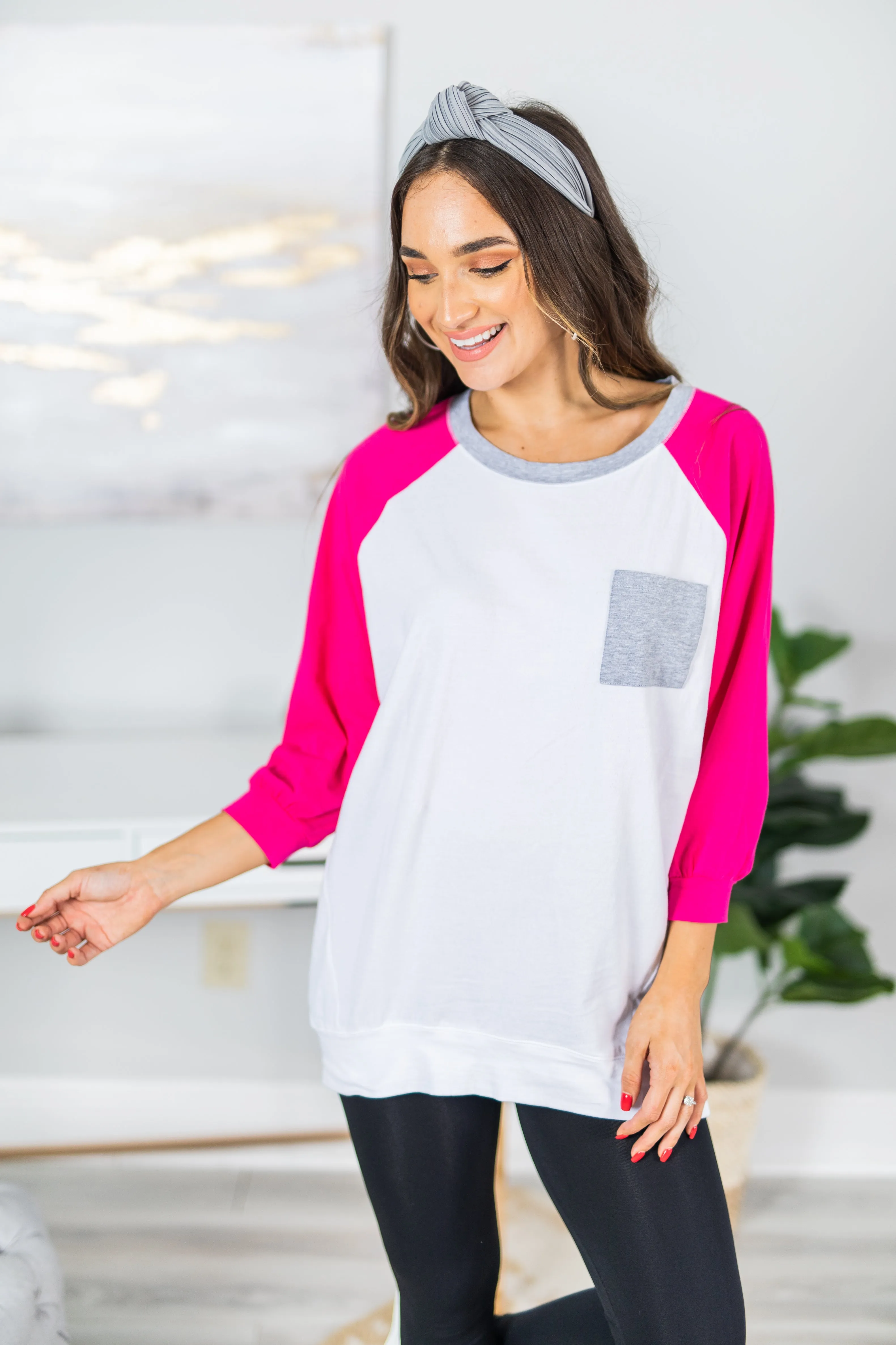 Slouchy Dolman Fuchsia Pink Raglan Tunic w/Pocket