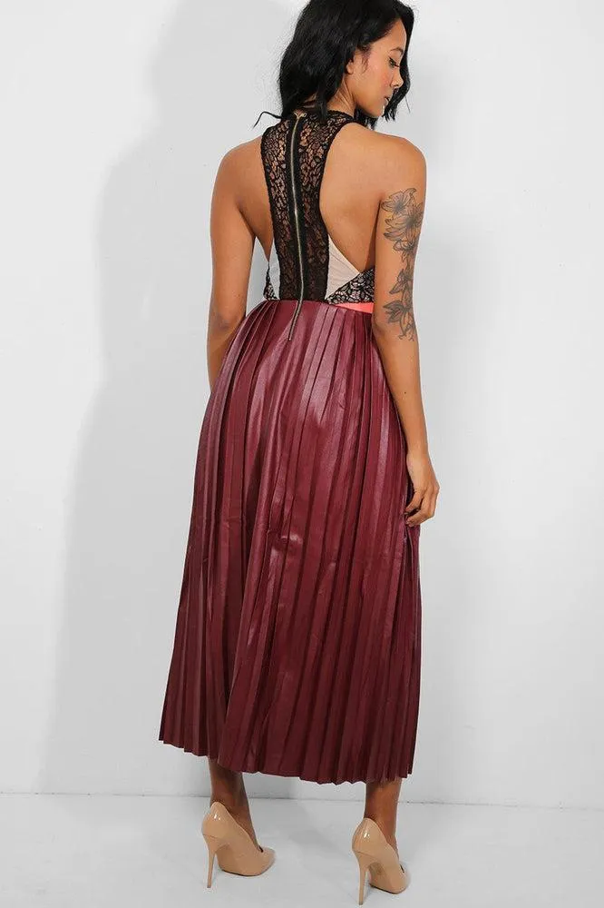 Wine Vegan Leather Pleated Skirt Maxi Dress